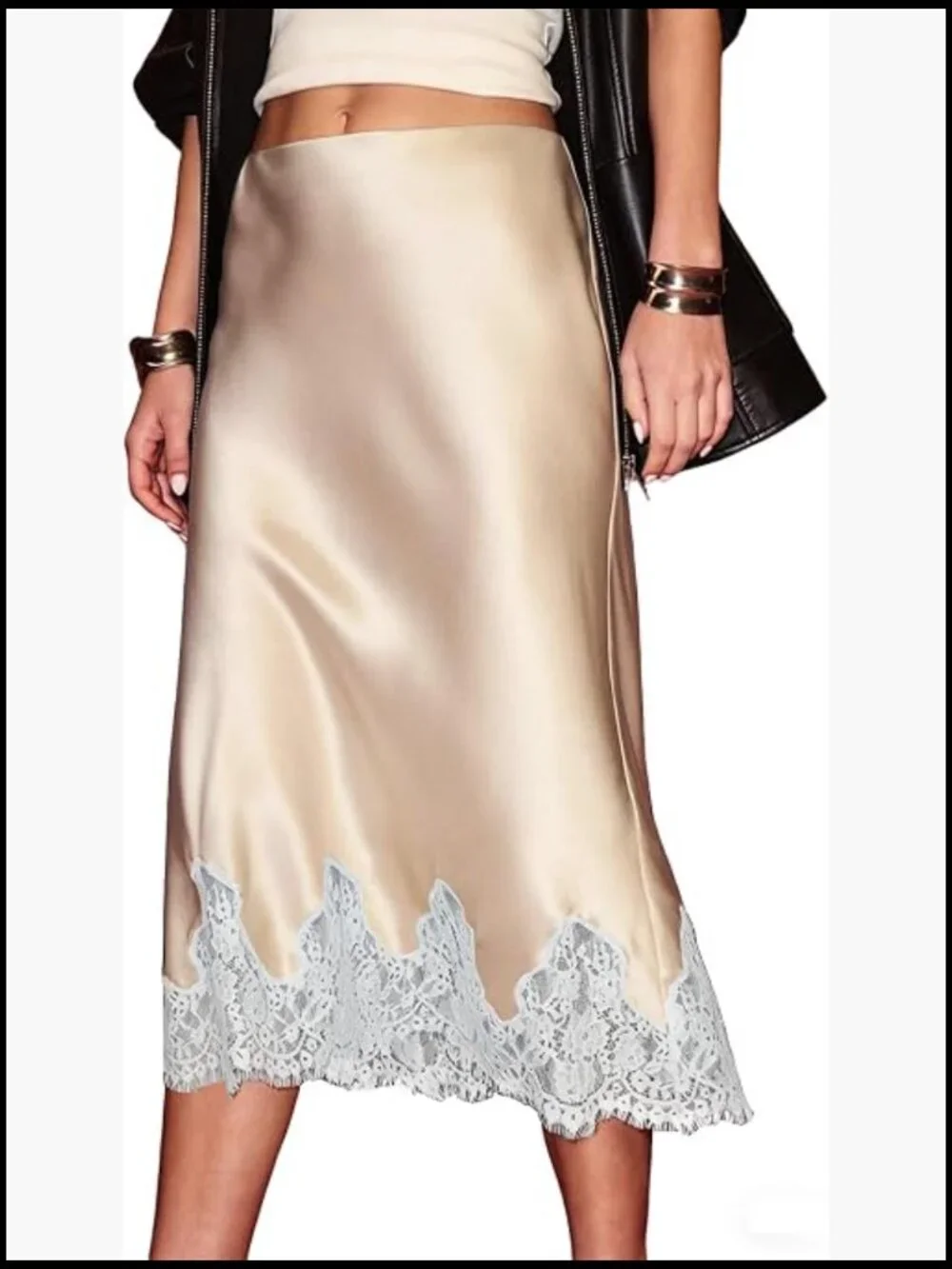 High Waist Satin Midi Skirt Lace Trim Flowy A Line Cocktail Party - Picture 1 of 6